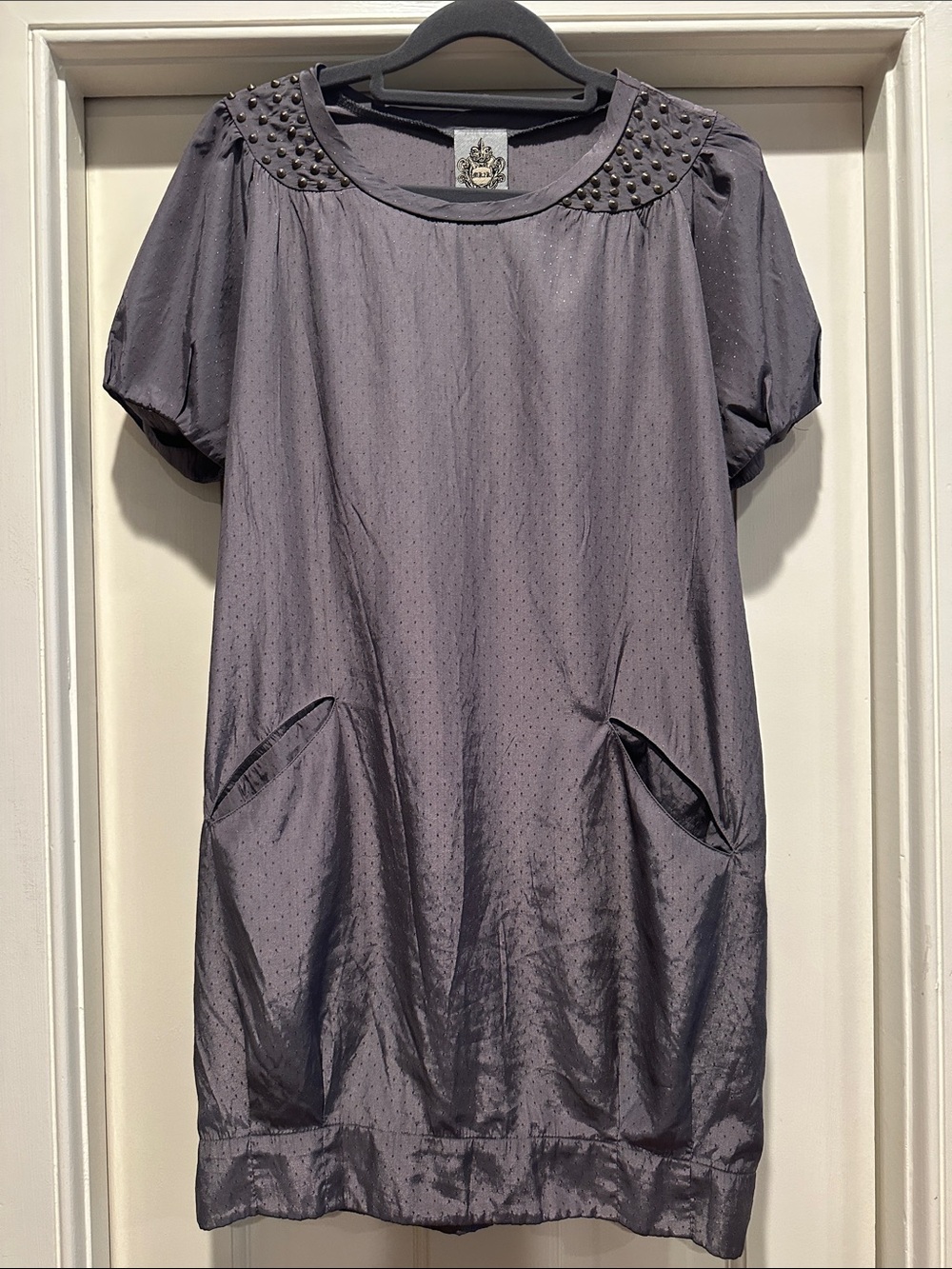 Studded Collar Short Sleeve Mini Dress in Charcoal Gray